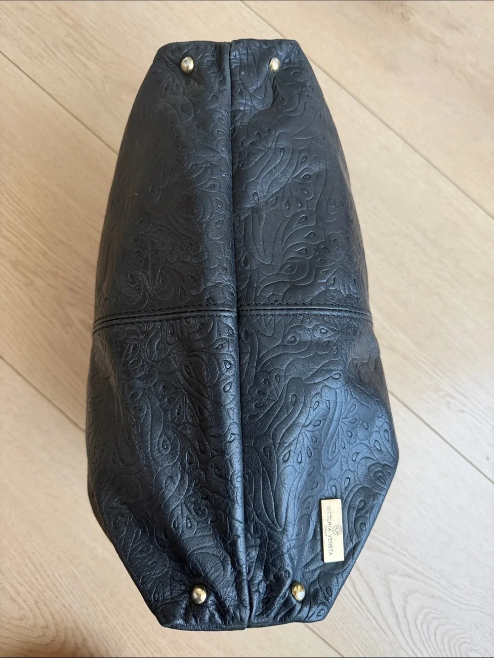 Vittoria Veneta Black Floral Embossed Leather hobo bag Brown Strap made in Italy